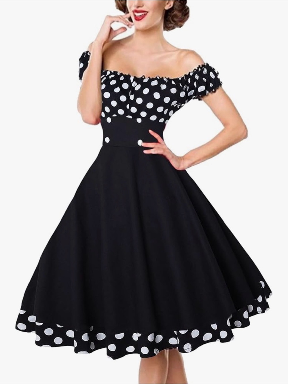 Black Polka Dot Off‑Shoulder Swing Dress